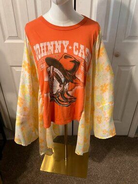Johnny Cash Upcycled Graphic T-Shirt with Flowy Bright Flower Sleeves - OSFM